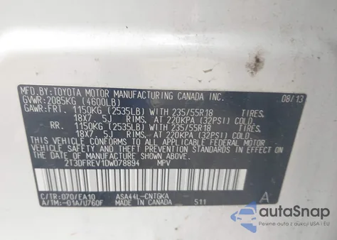 2013 Toyota Rav4 Limited z USA, uszkodzony, nr VIN 2T3DFREV1DW078894